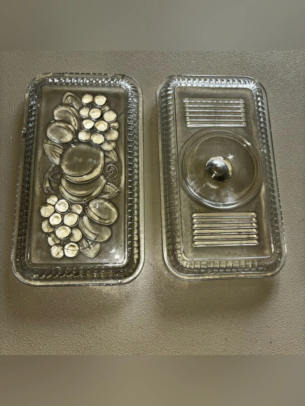 Two Vintage Federal Glass Clear Refrigerator Dish Lids no base 1 Ribbed 1 Fruit